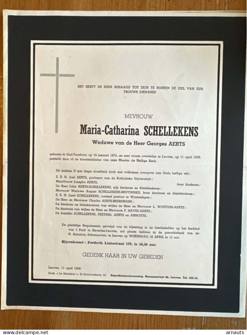 Maria-Catherina Schellekens Wed Aerts *1875 Oud-Turnhout +1958 Leuven Schellekens Navez Arnouts Wommelgem Bruyninkx Beer - Obituary Notices