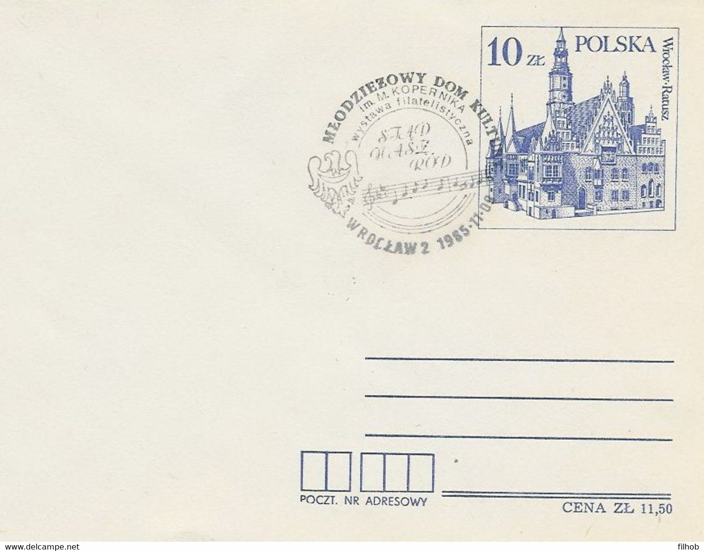 Poland Postmark D85.11.09 WROCLAW.01kop: Philatelic Exhibition House Of Culture M.Kopernik Copernicus Music Note - Postwaardestukken