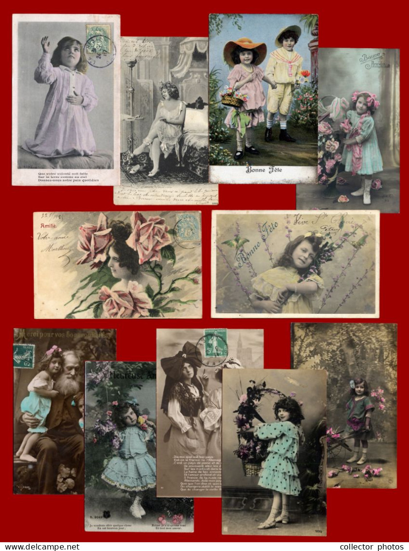 France Early 20th Century. Lot Of 11 Vintage Postcards, Belle Epoque Style. All Posted With Stamps [de122] - Colecciones Y Lotes