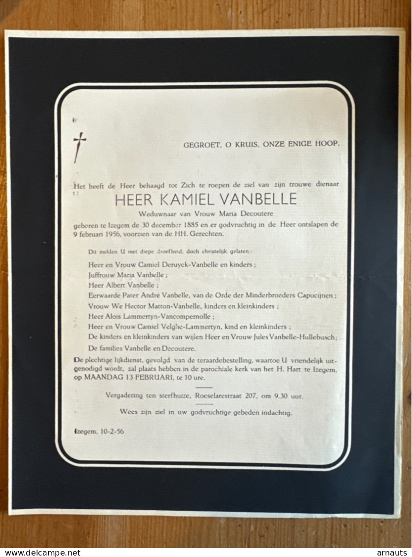 Heer Kamiel VanBelle Wed Decoutere Maria *1885 Izegem +1956 Izegem Deruyck Matton Lammertyn Velghe Hullebusch - Obituary Notices