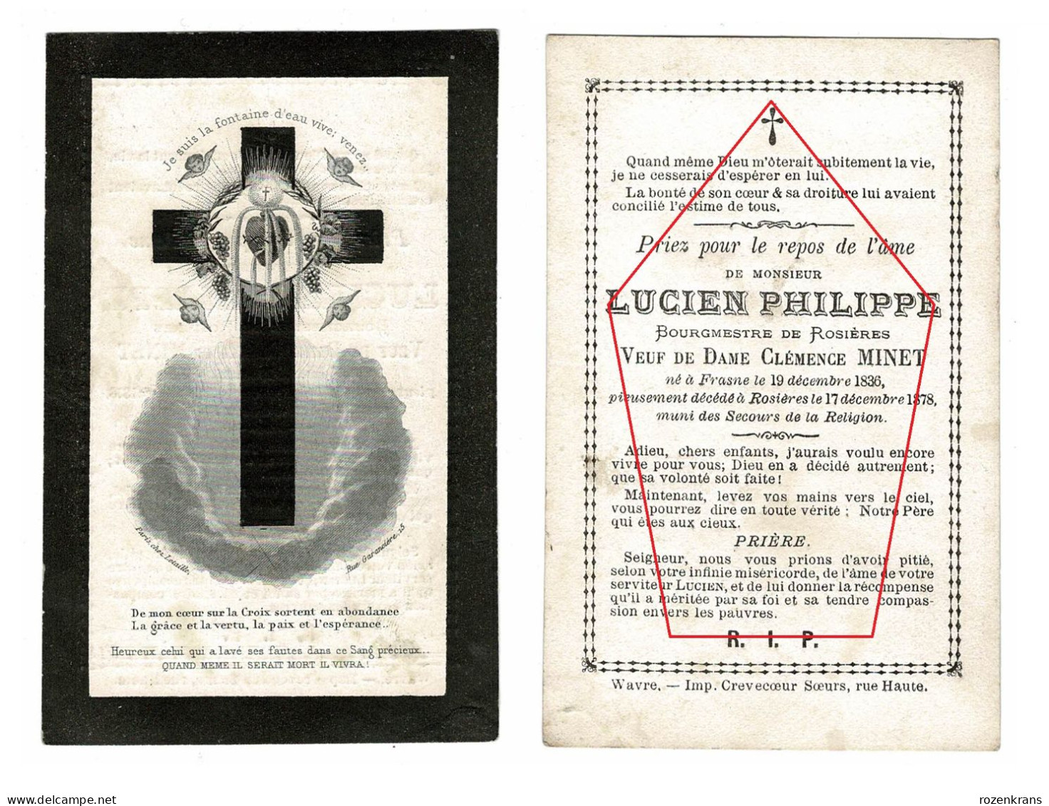 Lucien Philippe Bourgmestre Rosières Minet Frasnes Litho Zeer Oud  Doodsprentje Bidprentje Avis De Décès Image Mortuaire - Obituary Notices