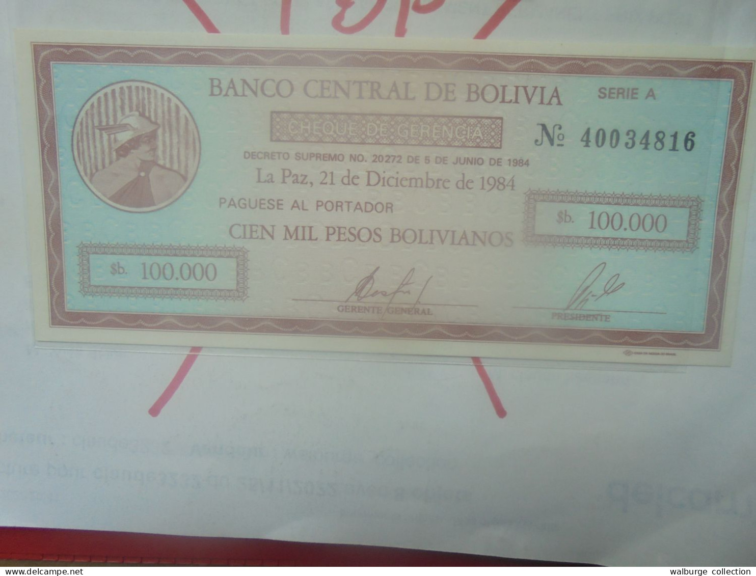 BOLIVIE 10 CENTAVOS/ 100.000 PESOS BOLIVIANOS (1987) Neuf (B.33) - Bolivien