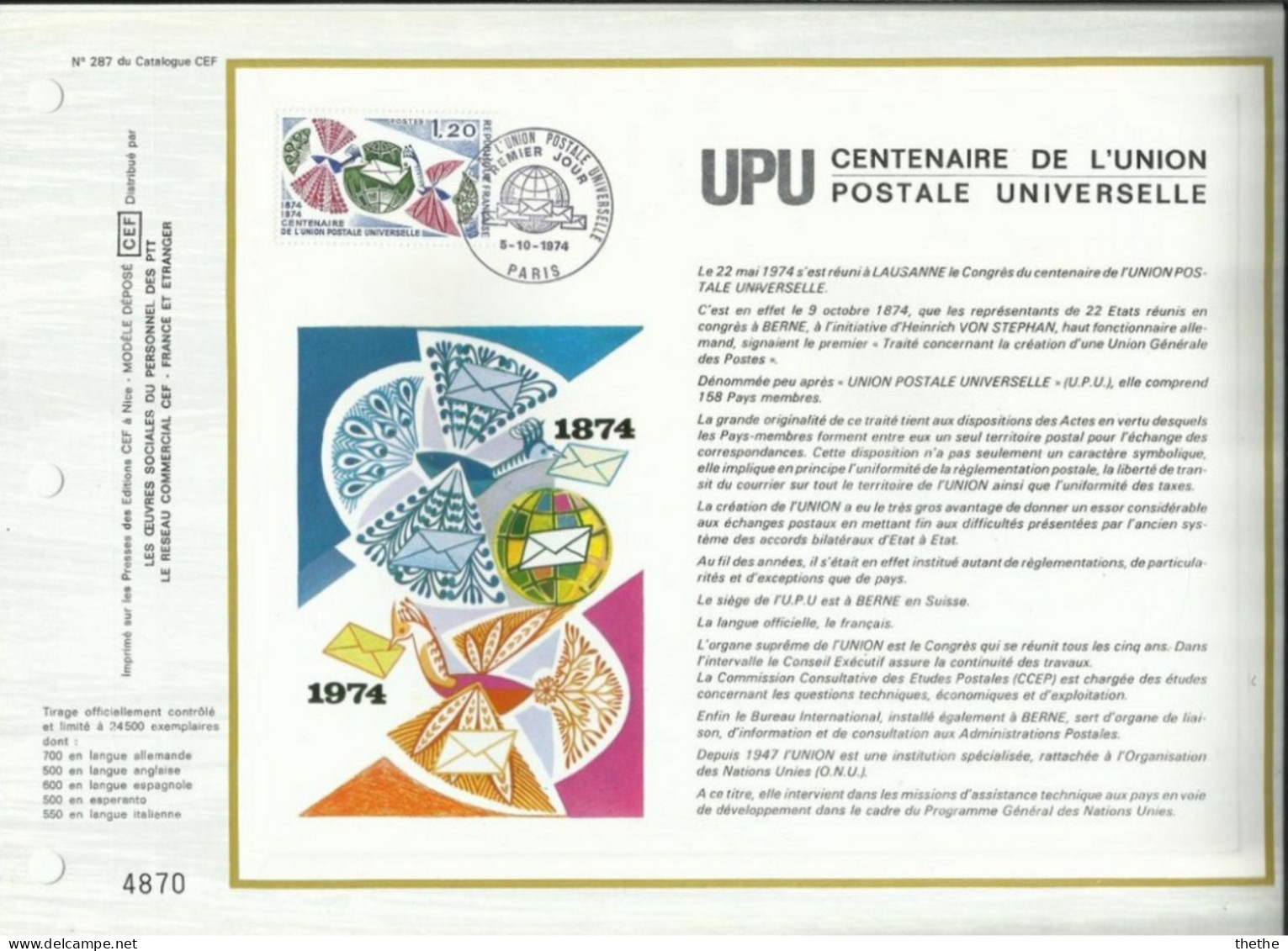 FRANCE - FDC  - UPU Centenaire De L'union Postale Universelle - Feuillet N° 287 Du Catalogue CEF - 1970-1979