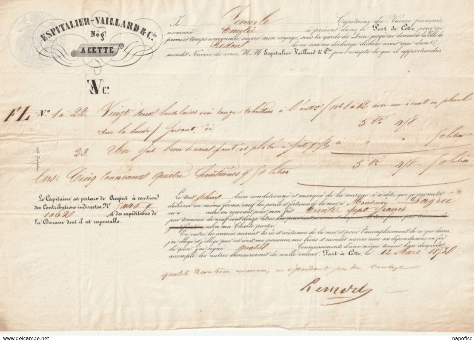 Connaissement Espitalier-Vaillard & Cie...Navire Emilie Capitaine Lemerle..Cette-Sète...(Hérault)...1820 - Verkehr & Transport