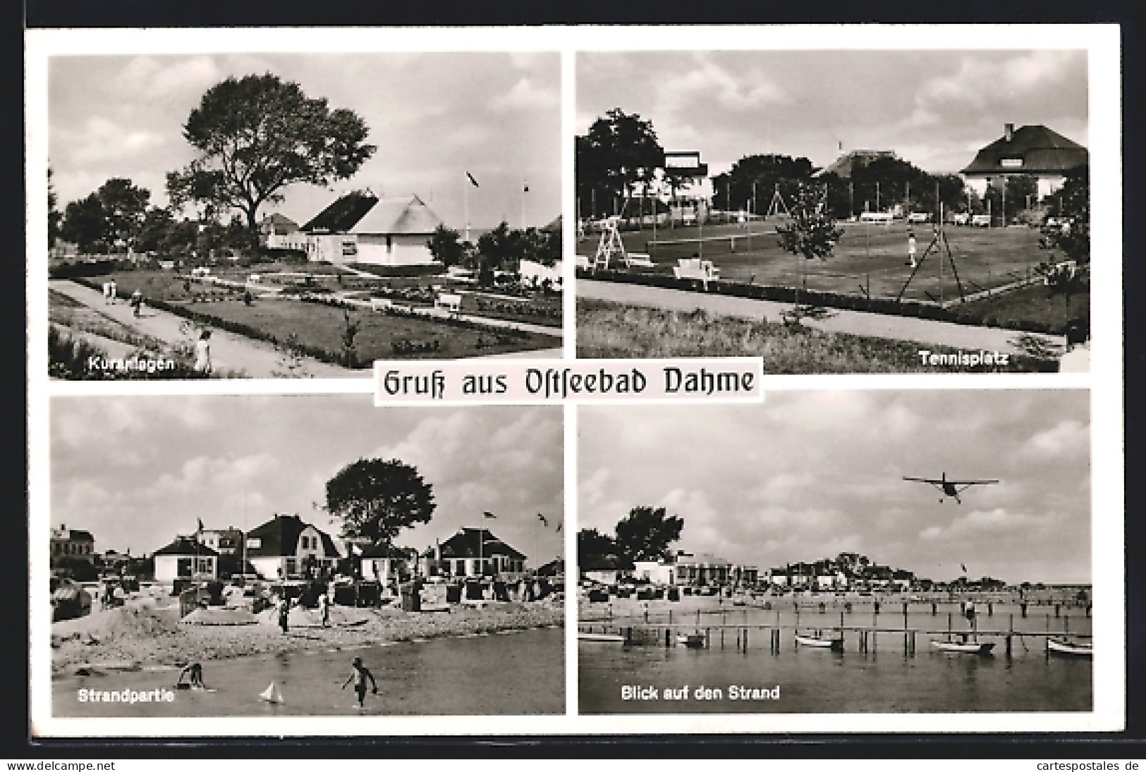 AK Dahme / Holst., Kuranlagen, Tennisplatz, Flugzeug über Dem Strand  - Dahme