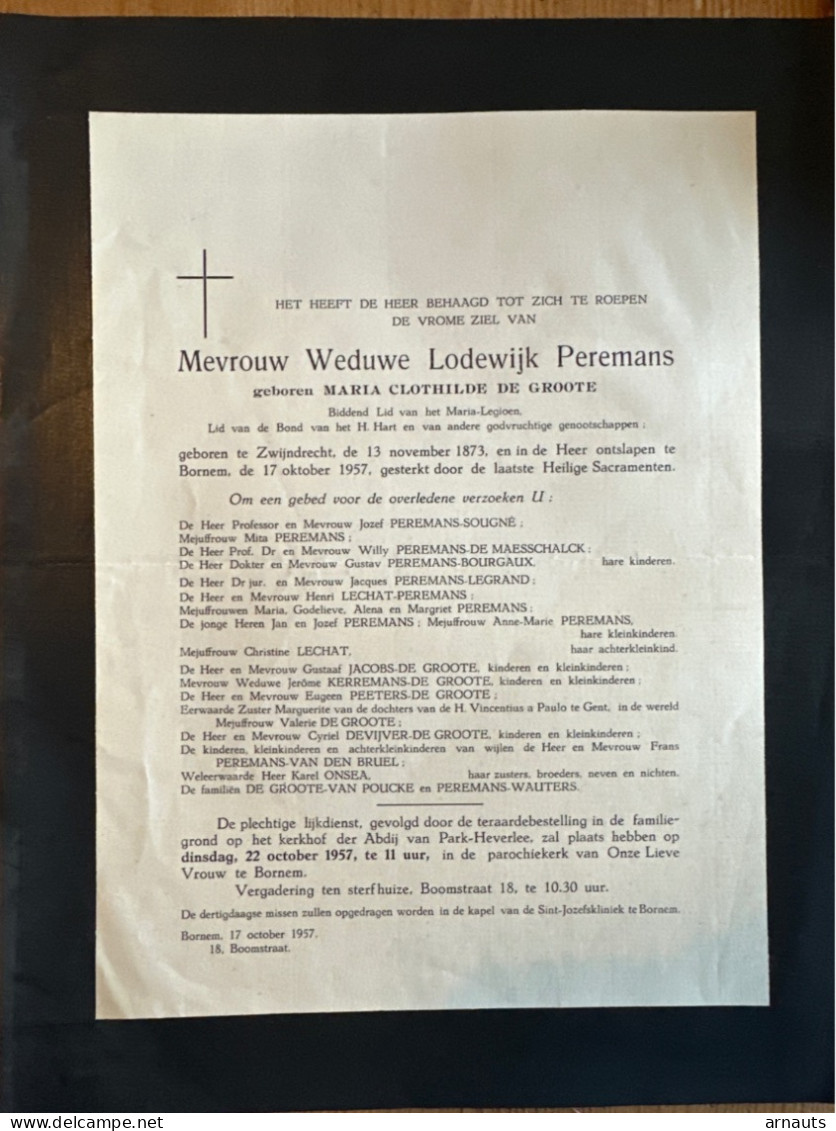 Weduwe Lodewijk Peremans Geb De Groote Maria *1873 Zwijndrecht +1957 Bornem Abdij Park Heverlee Lechat Devijver Onsea Vc - Obituary Notices
