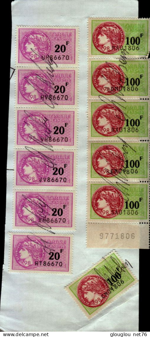 6 TIMBRES FISCAUX A 100 F ET 6 TIMBRES A 20 F   COLLES SUR UNE FEUILLE - Stamps