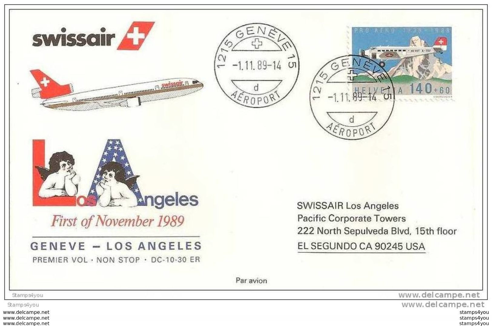 191 - 14 - Enveloppe 1er Vol Non-stop  Swissair Genève-Los Angeles - Premiers Vols