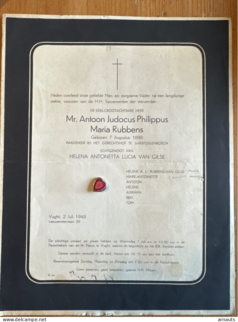 Edelgrootachtbare Philippus Maria Rubbens *1898 Raadsheer Gerechtshof ‘s-Hertogenbosch +1948 Vught Echtg Van Gilse Helen - Obituary Notices