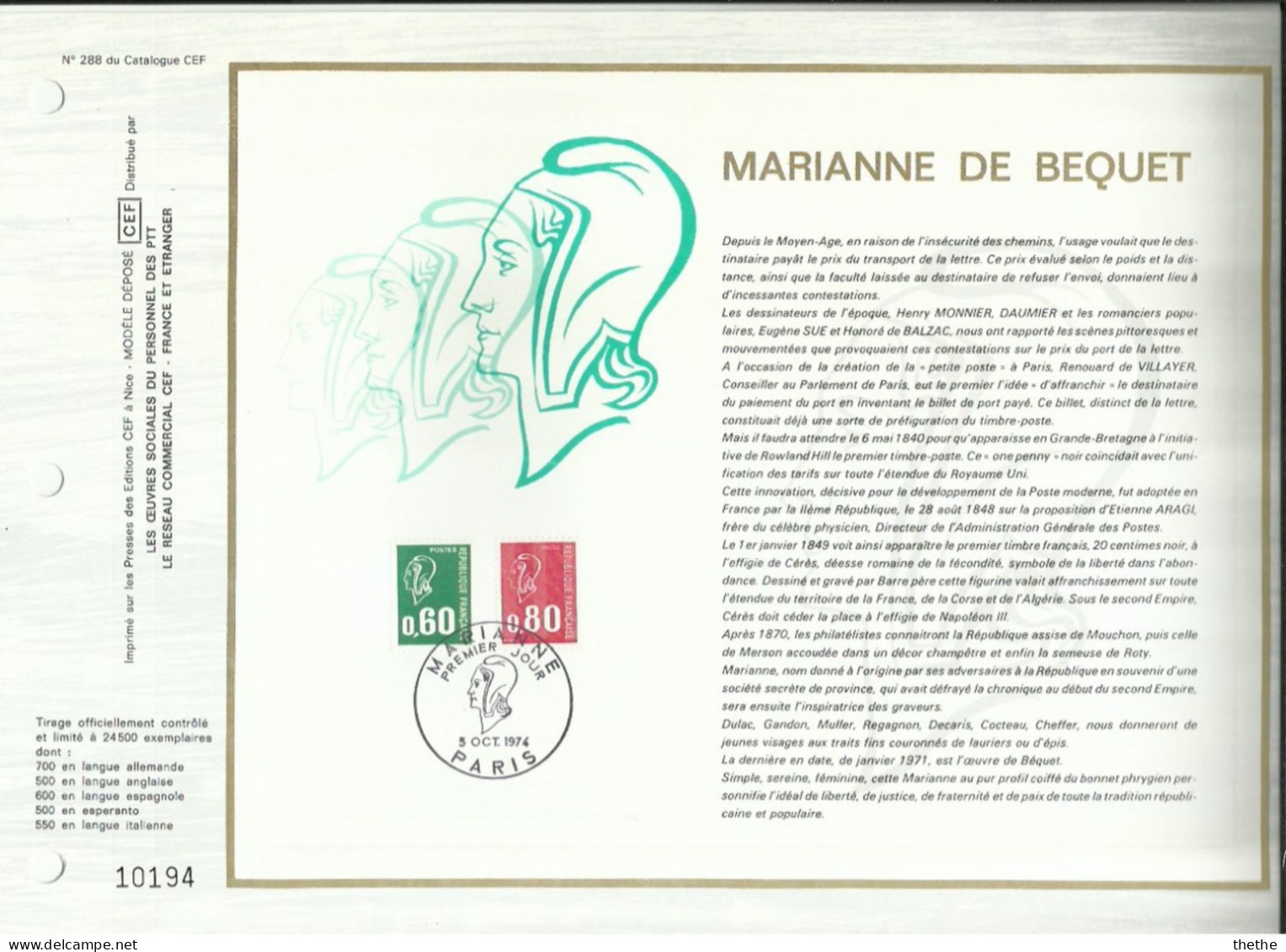 FRANCE - FDC  - Marianne De Béquet - Feuillet N° 288 Du Catalogue CEF - 1970-1979