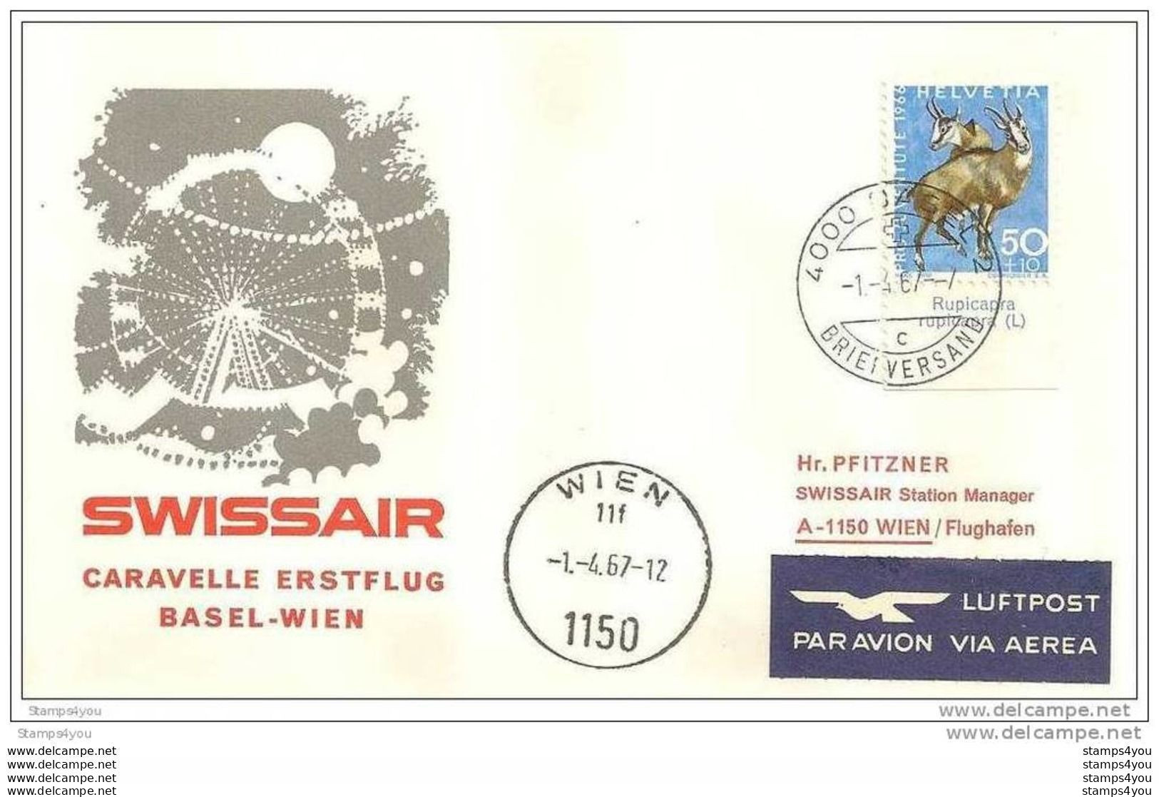 191 - 7 - Enveloppe 1er Vol Swissair  Bâle-Vienne Par Caravelle  1967 - Erst- U. Sonderflugbriefe