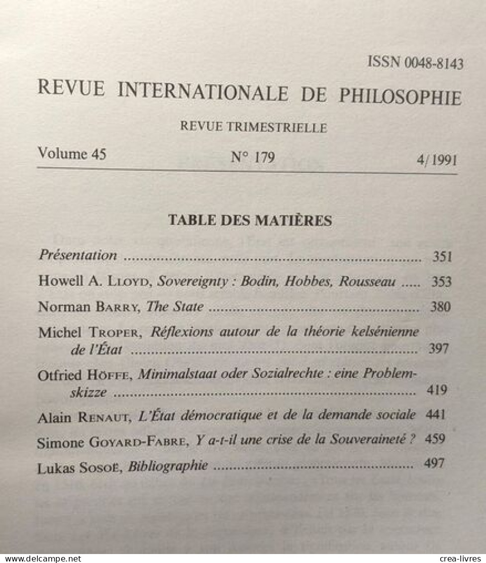 Revue Internationale De Philosophie - L'état - 1991/4 N°179 - Psicologia/Filosofia