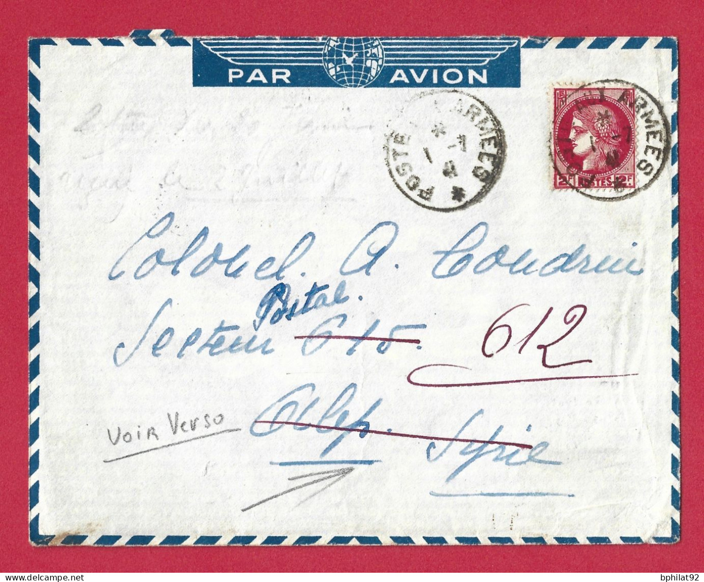 !!! LETTRE PAR AVION DE 1941 POUR LA SYRIE AVEC CACHET TRANSITS TRÉSORS ET POSTES NUMÉRO 600 ET 612 AU VERSO - 1927-1959 Covers & Documents