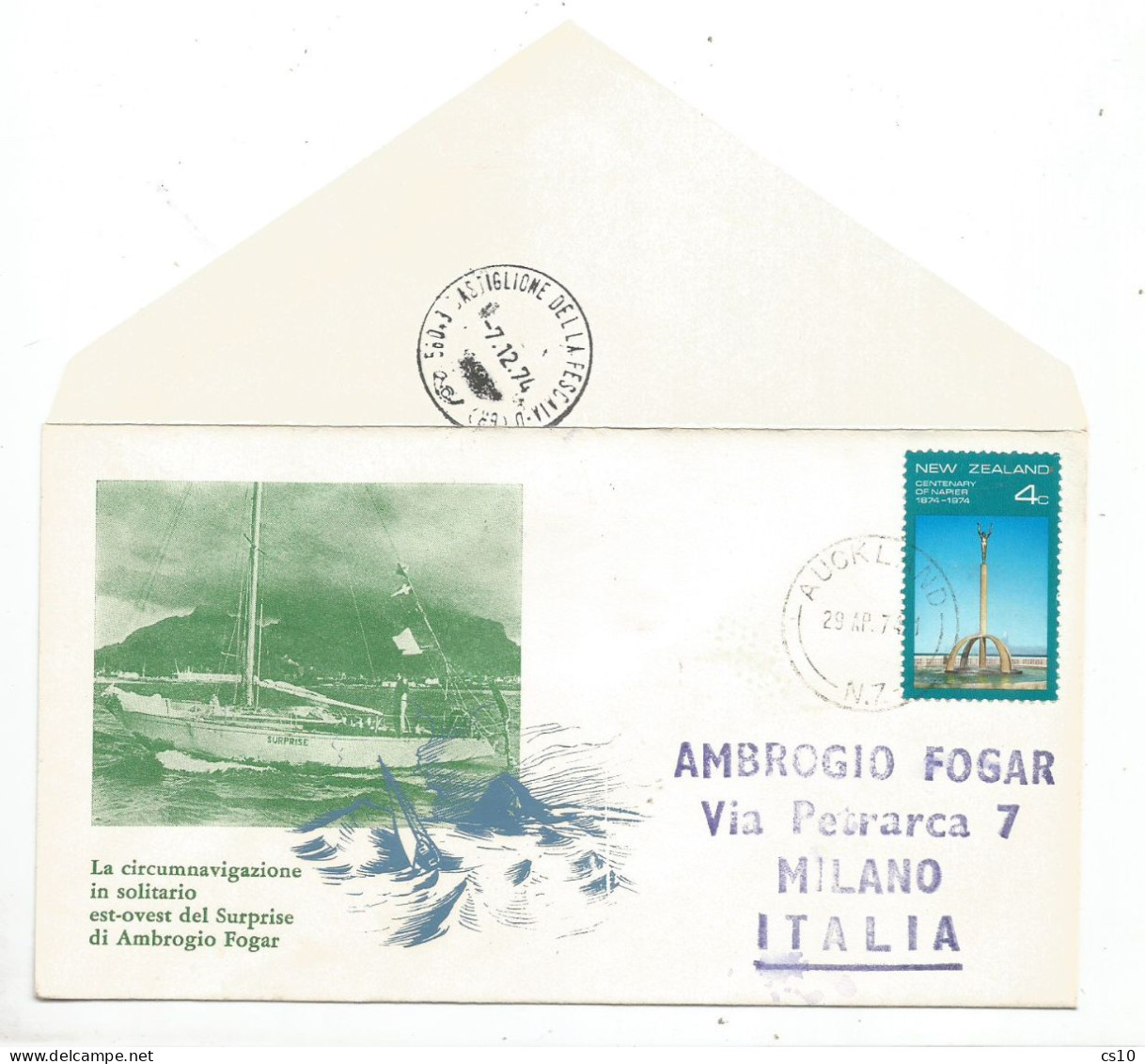 Vela Sailing SOLO Circumnavigation - Ambrogio Fogar On Surprise Yacht - Official CV Auckland 29apr1974 X Italy 7dec74 - Sportsmen