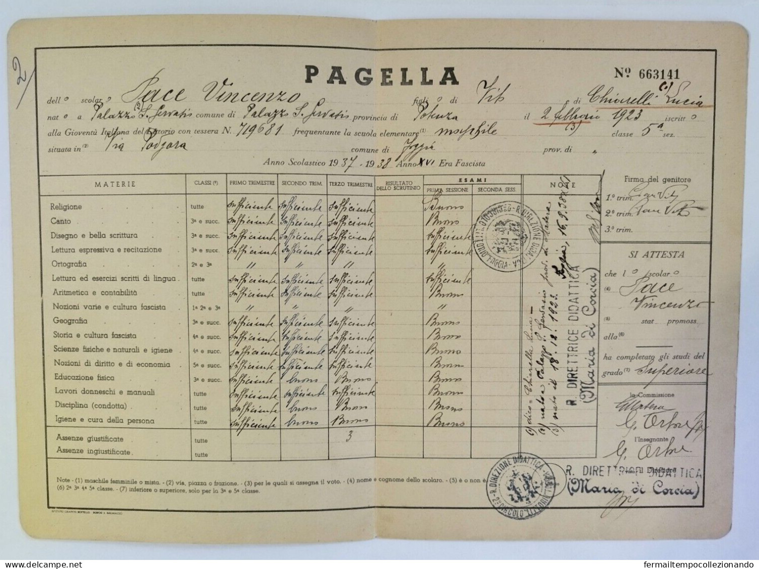 Bp44 Pagella Fascista Opera Balilla Palazzo S.gervasio Potenza - Diploma & School Reports