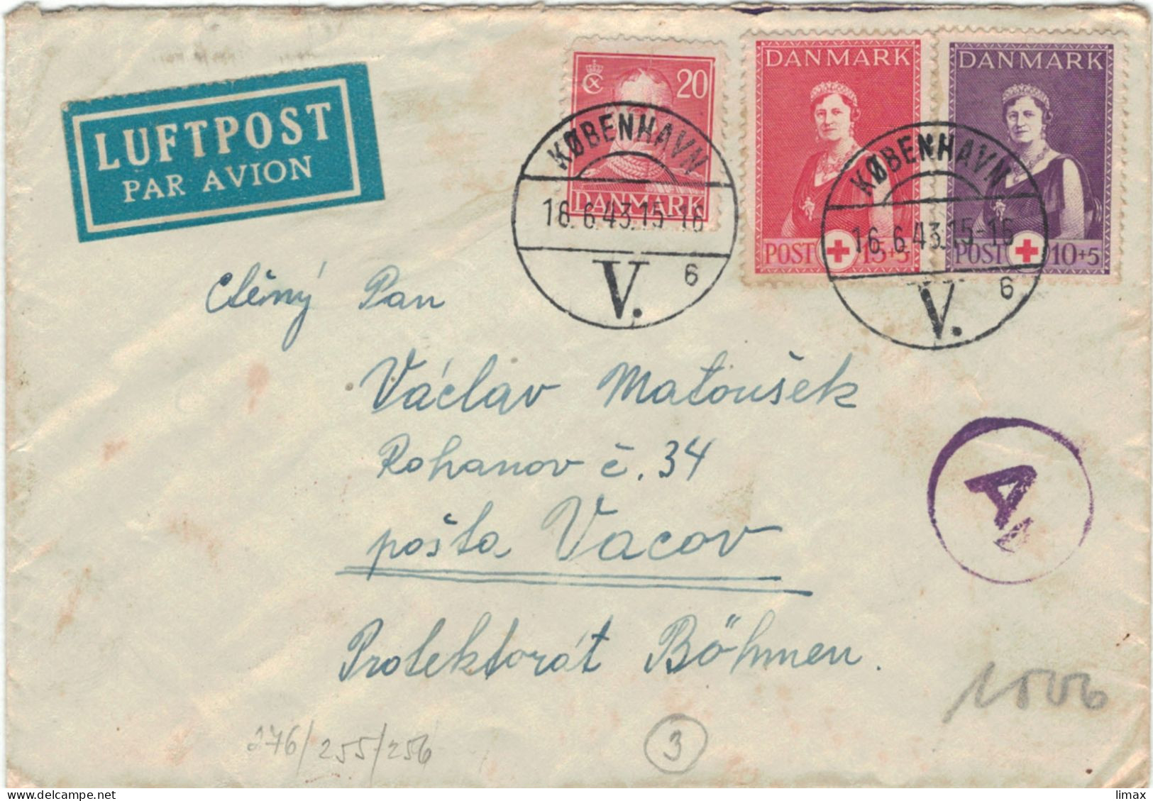 Kopenhagen 1943 > Vacov Protektorat Böhmen - Zensurstelle - Christian X. - Queen Alexandrine Rotes Kreuz - Lettres & Documents