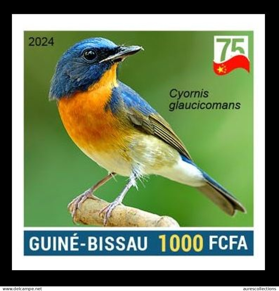 GUINEA BISSAU 2024 IMPERF STAMP 1V - CHINA BIRDS - CHINESE BLUE FLYCATCHER GOBEMOUCHE DU YUNNAN - 75 ANNIV. OF CHINA MNH - Passereaux
