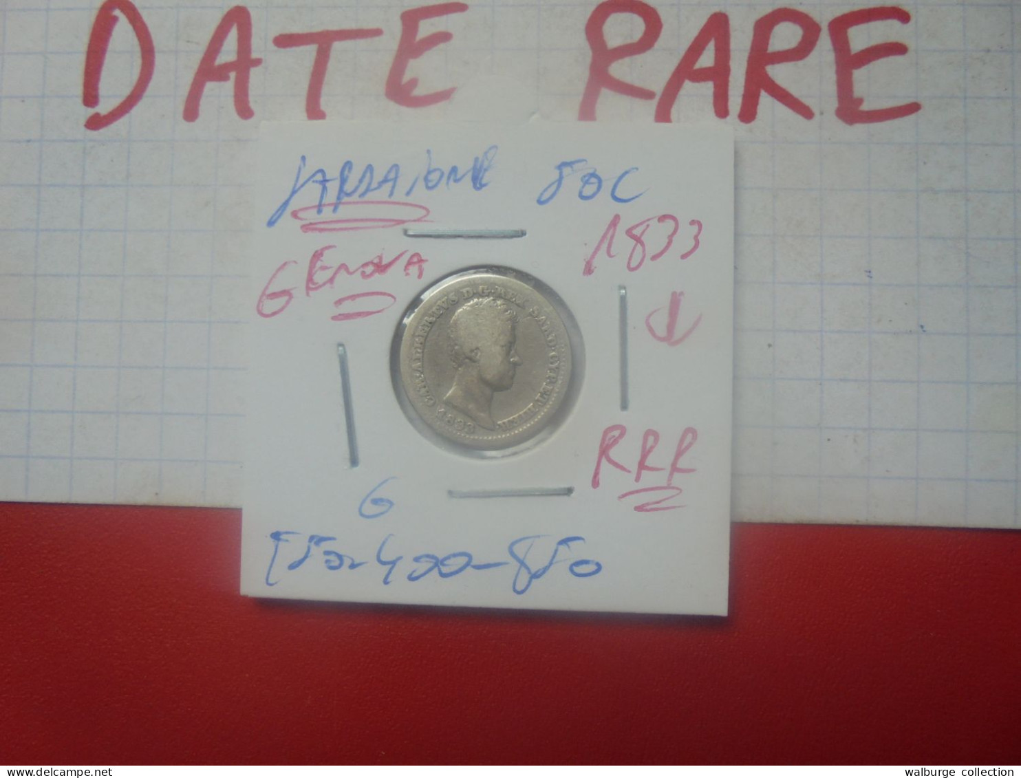 +++RARE+++SARDAIGNE 50 Cent 1833 "Gênes" ARGENT COTES:250-400-800 EURO+++(A.13) - Piemont-Sardinien-It. Savoyen