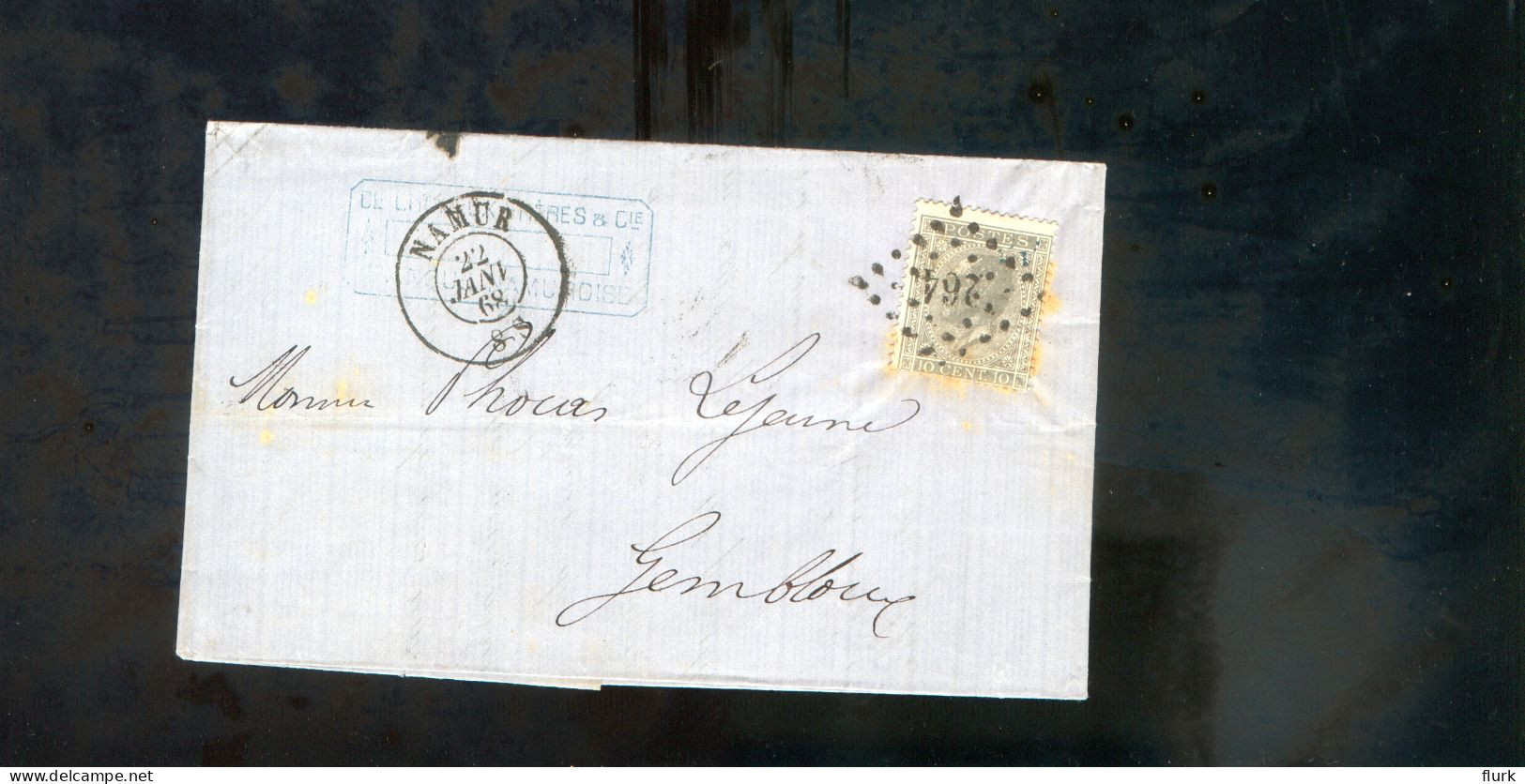 België OCB17 Gestempeld Op Brief Namur-Gembloux 1868 (2 Scans) - 1865-1866 Profiel Links