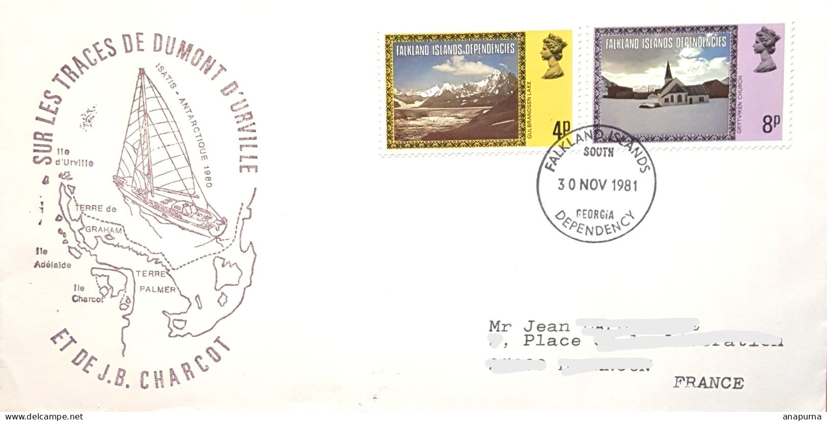Pli Expédition, Sur Les Traces De Dumont D'Urville, Charcot, Posté Falkland - Storia Postale