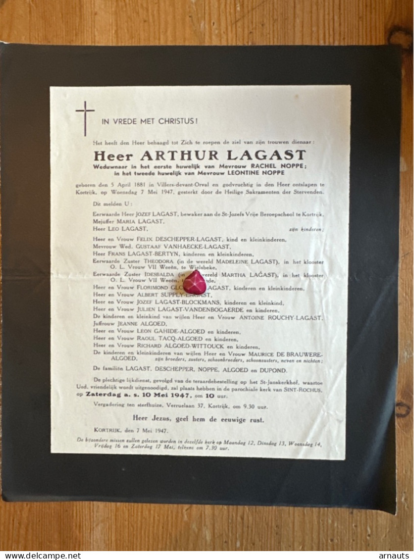 Heer Arthur Lagast Wed Rachel Noppe & Leontine *1881 Villers Devant Orval +1947 Kortrijk Vanhaecke Wielsbeke Ruiselede - Décès