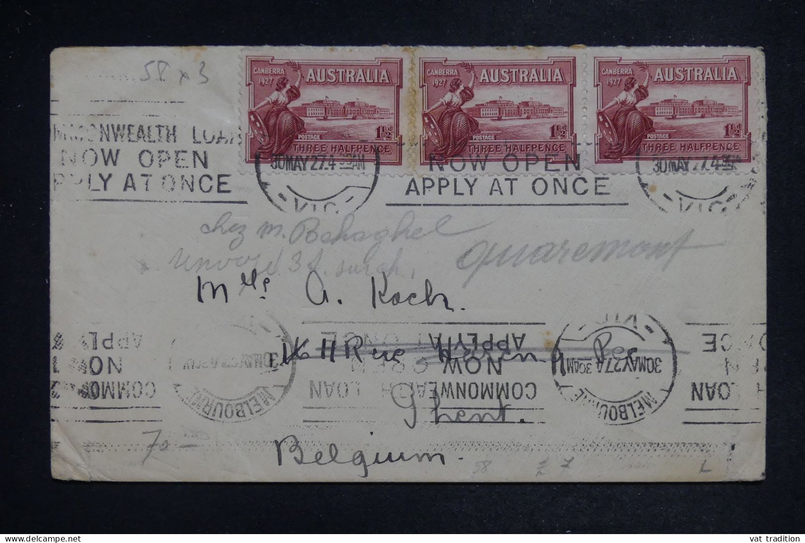 AUSTRALIE - Enveloppe De Melbourne Pour La Belgique En 1927 - L 151912 - Briefe U. Dokumente