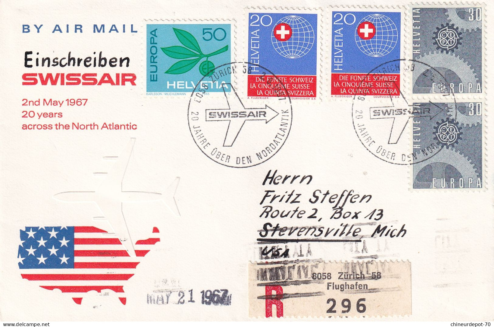 Recommandé Zurich Flughaten Einschreiben Swissair Mai 21 1967 Europa Stevenssville Mich Uspo Jamaica - Lettres & Documents