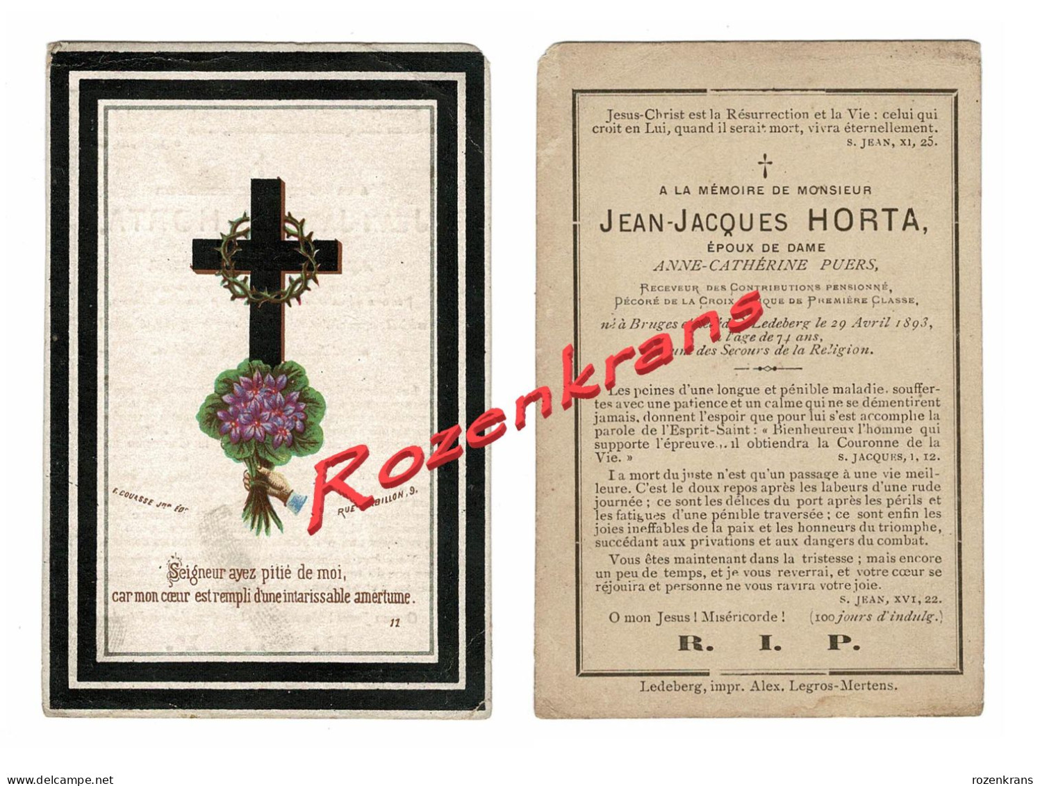 Jean Jacques Horta Anne Puers Brugge Bruges Ledeberg 1893 Litho Zeer Oud  Doodsprentje Bidprentje - Obituary Notices