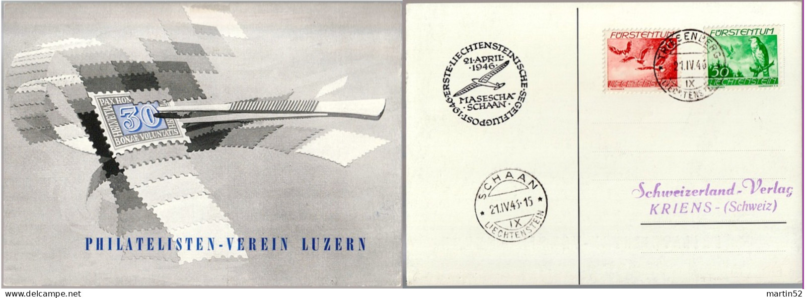 Liechtenstein 1946: SEGELFLUGPOST MASESCHA-SCHAAN - Zu Flug 19+21 Mi 175+177 Auf Bild-PK Mit ⊙ TRIESENBERG 21.IV.46 - Posta Aerea