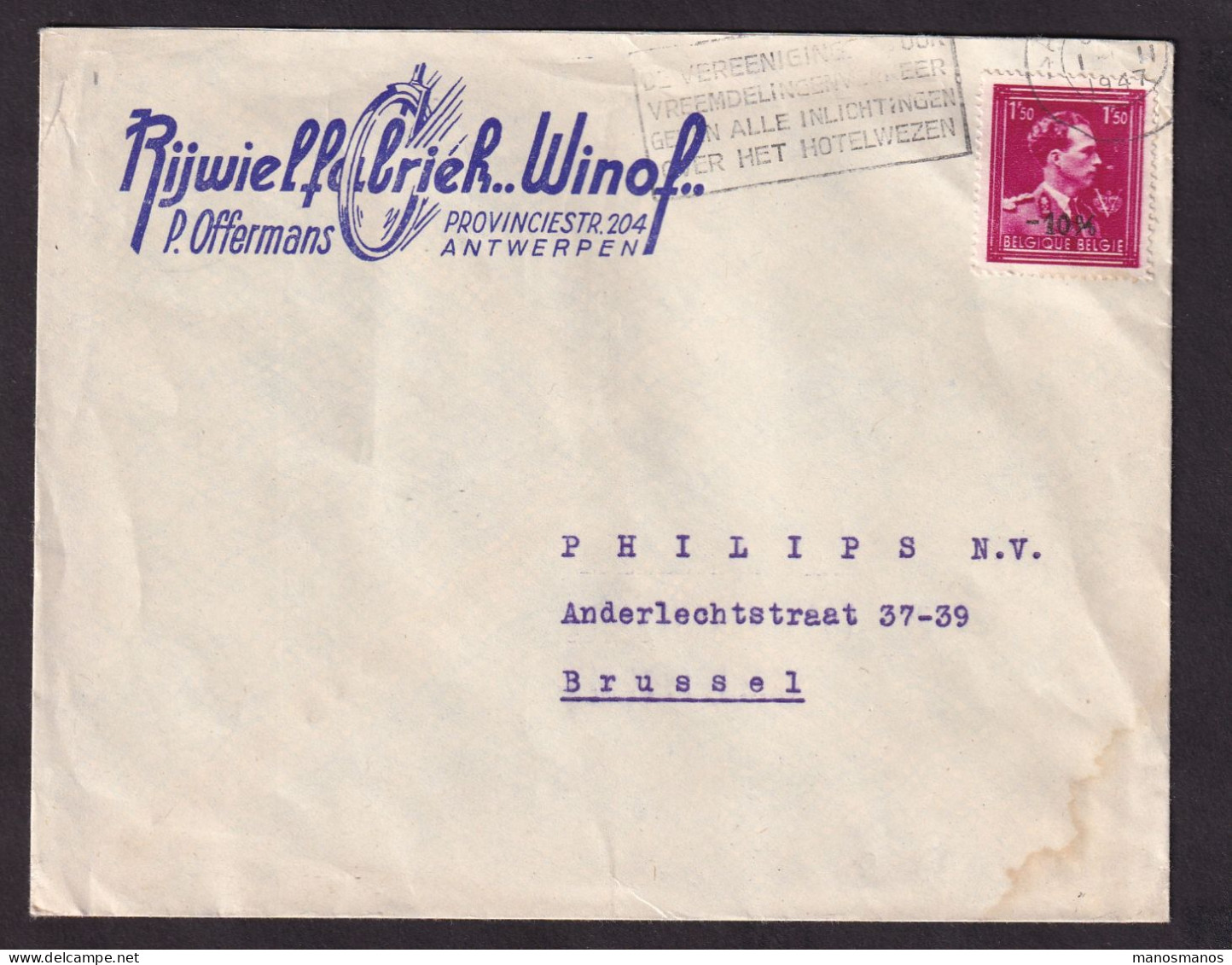 DDFF 979 -- BELGIQUE VELO - Enveloppe Illustrée TP Moins 10 % ANTWERPEN 1947 - Entete Rijwielfabriek Winof - Wielrennen