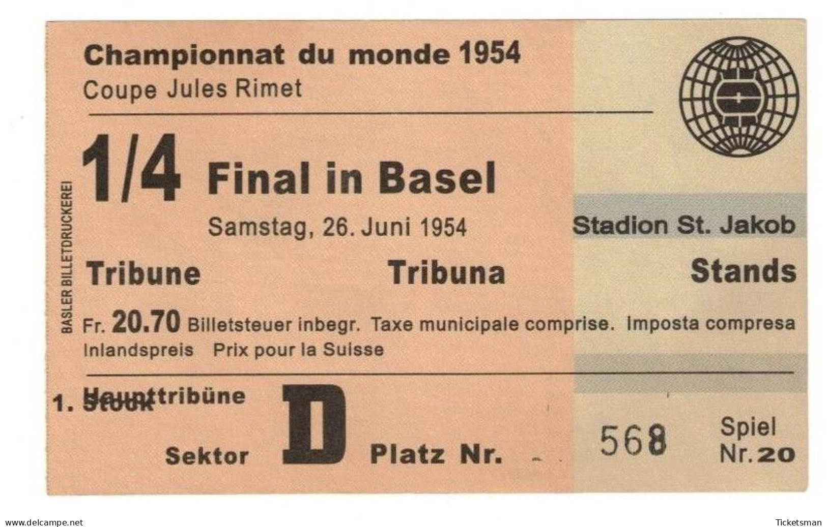 Football Ticket Billet Jegy Biglietto Uruguay - England July 26, 1954 World-Cup @ Basel - Eintrittskarten