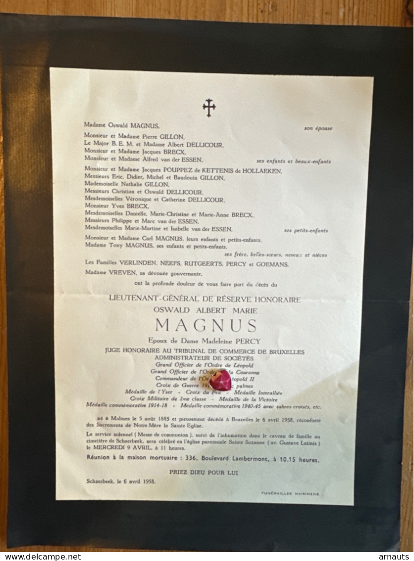 Lieutenant General De Reserve Oswald Magnus Juge Tribunal Commerce *1885 Malines +1958 Bruxelles Schaarbeek 14-18 Percy - Obituary Notices