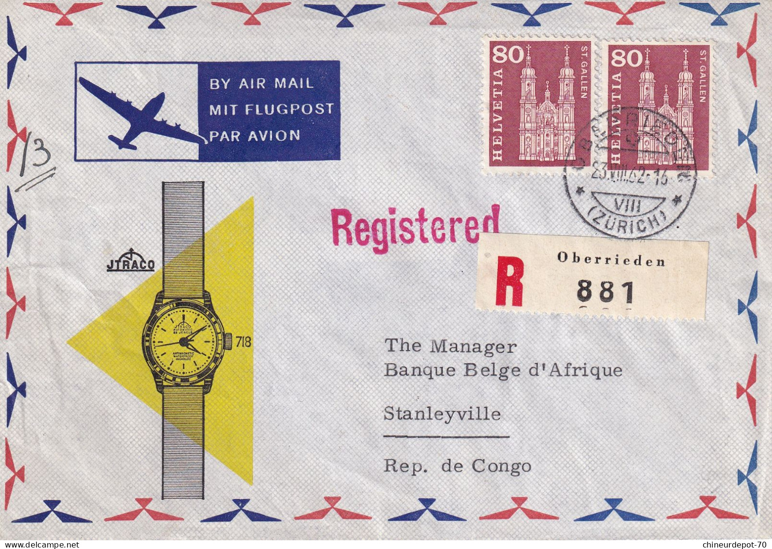 Recommandé 881 Oberrieden Helvetia Registered Flugpost Jtraco Montre 718 Banque Belge D Afrique Stanleyville Rep Congo - Brieven En Documenten