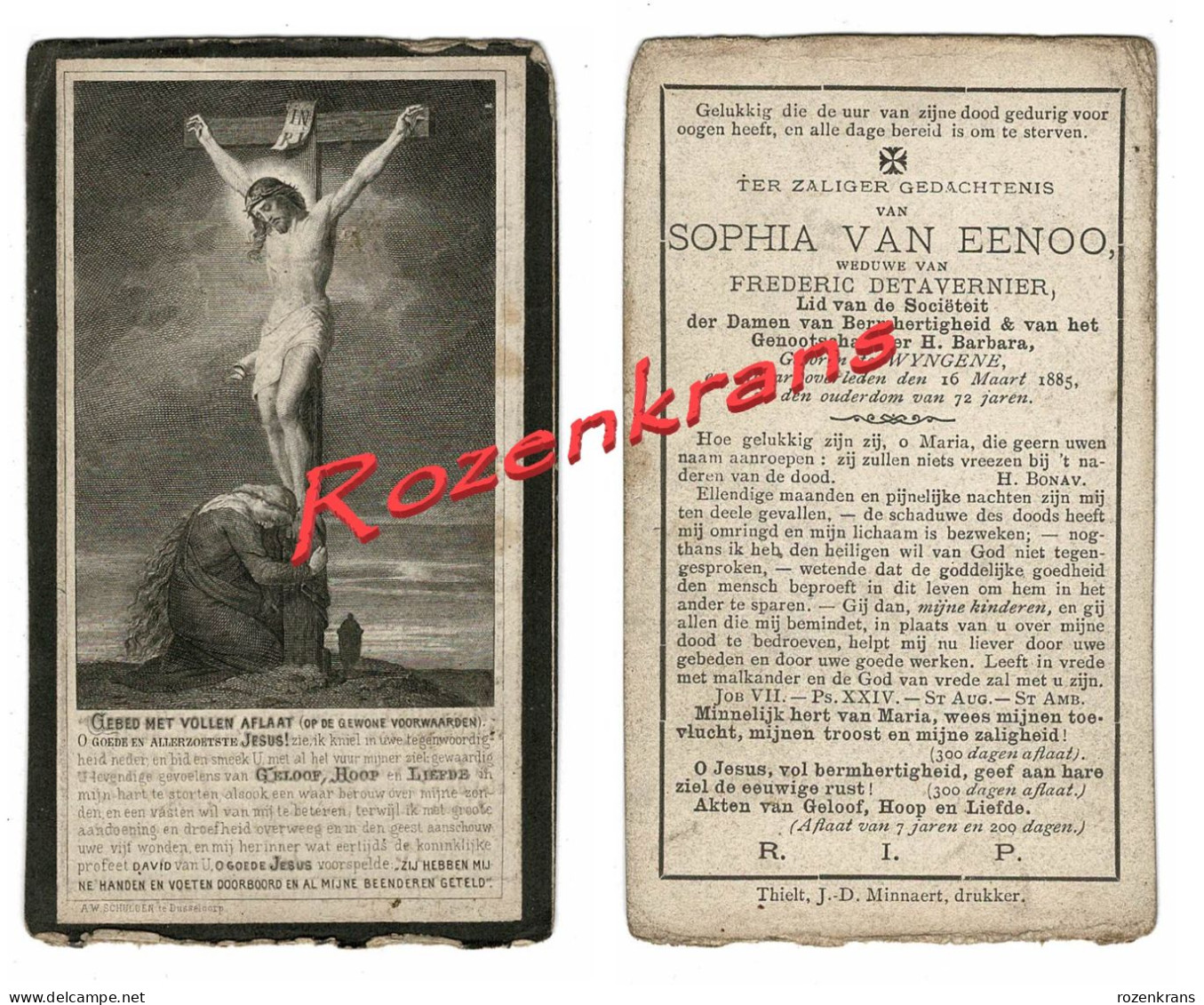 Sophia Van Eeno Frederic De Tavernier DETAVERNIER Wingene Wyngene 1885 Litho Zeer Oud  Doodsprentje Bidprentje - Obituary Notices