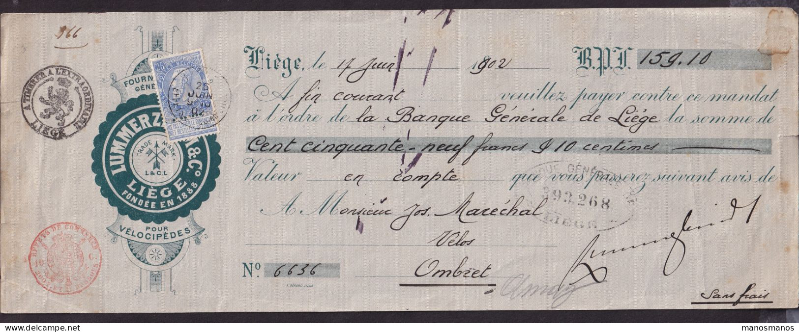 DDFF 981 -- BELGIQUE VELO - Mandat TP Fine Barbe LIEGE Effets De Commerce 1902 - Entete Lummerzheim § Co, Fournitures - Cycling