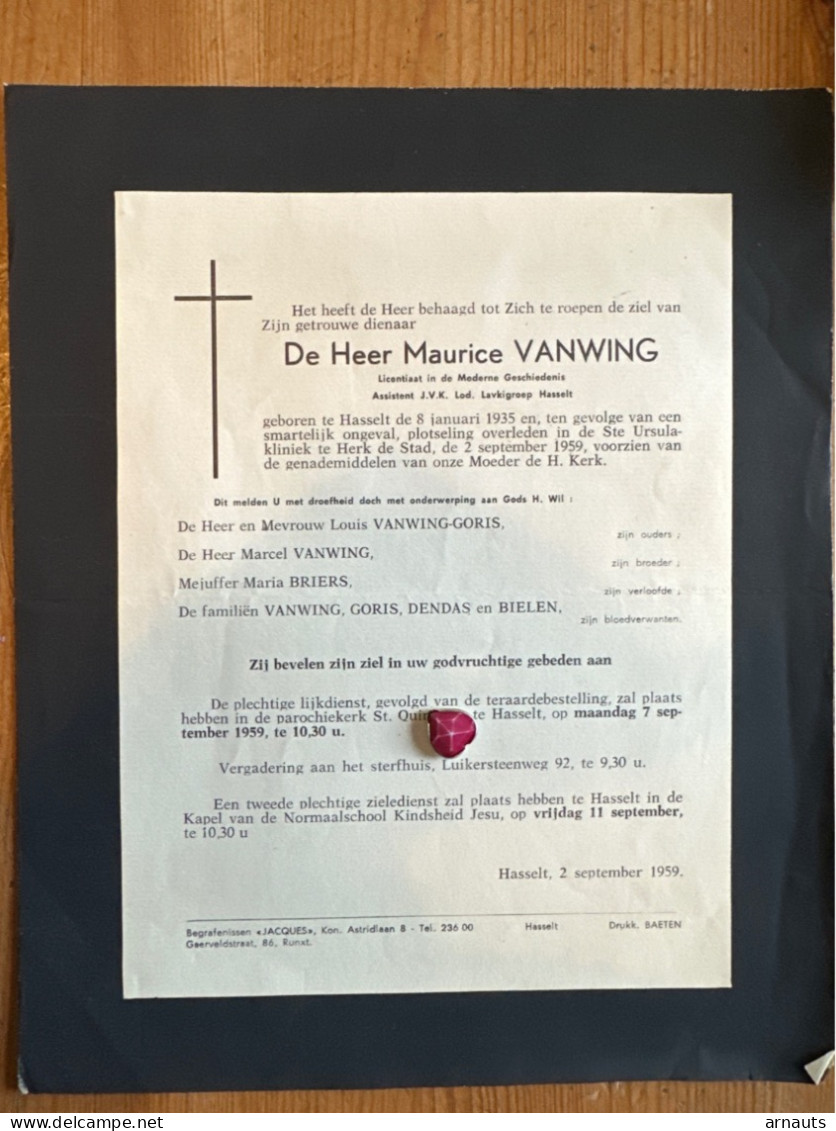 Maurice Vanwing Licentiaat Moderne Geschiedenis *1935 Hasselt Lavkigroep +1959 Herk-de-Stad Zoon Louis Vanwing Goris - Décès