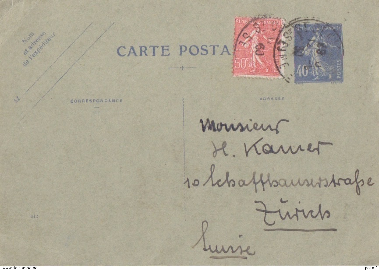 Entier 40c Outremer Semeuse Carton Gris-vert (1929 R1, Date 012) + 50c Semeuse Obl. St Denis Le 12/9/30 Pour Zürich - Cartes Postales Types Et TSC (avant 1995)