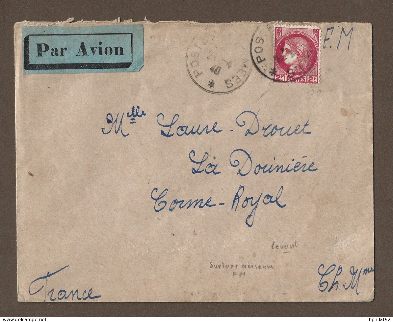 !!! LEVANT, LETTRE PAR AVION OBLITÉRATION POSTE AUX ARMÉES DE 1940 - Covers & Documents