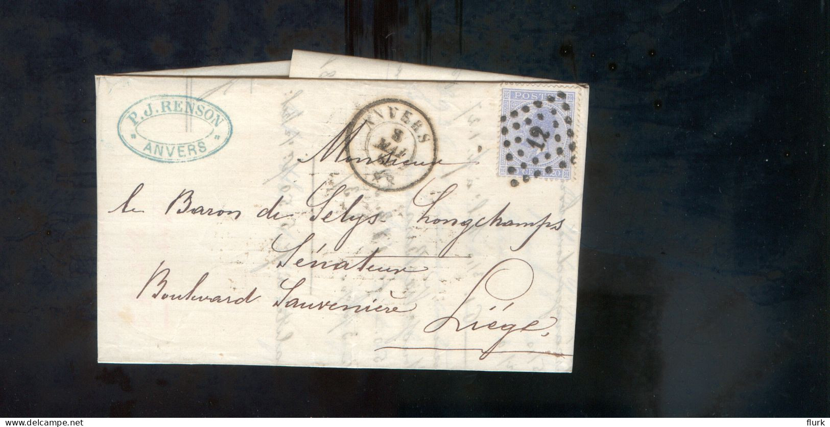 België OCB18 Gestempeld Op Brief Anvers-Liège 1869 Perfect (2 Scans) - 1865-1866 Profil Gauche