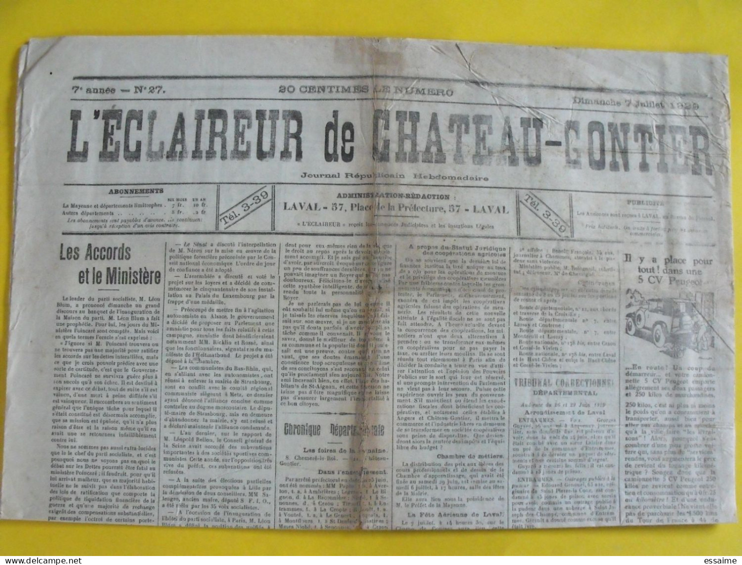 Journal L'éclaireur De Chateau-Gontier. Mayenne Laval. N° 27 Du 7 Juillet 1929. Rare Journal Local - Autres & Non Classés