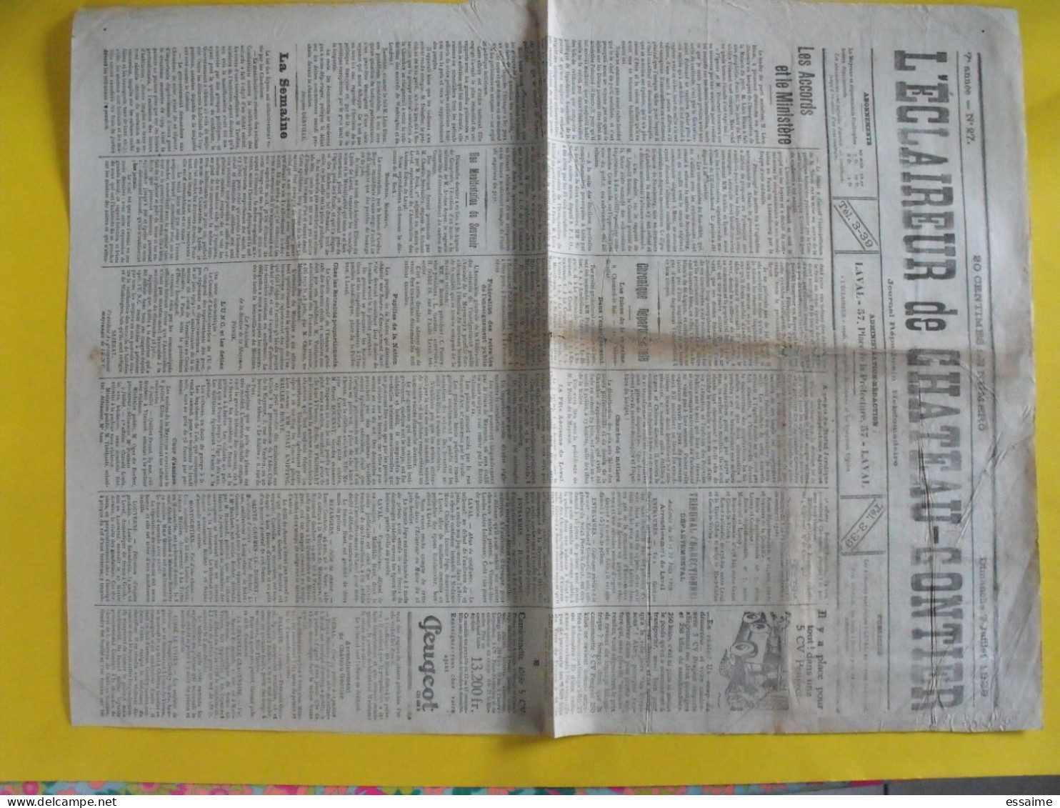 Journal L'éclaireur De Chateau-Gontier. Mayenne Laval. N° 27 Du 7 Juillet 1929. Rare Journal Local - Autres & Non Classés