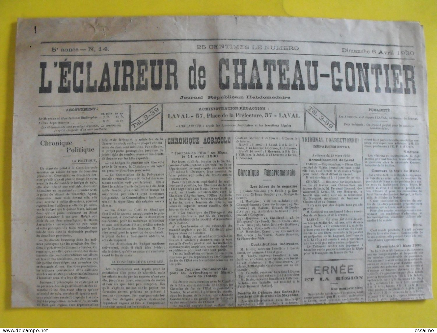 Journal L'éclaireur De Chateau-Gontier. Mayenne Laval. N° 14 Du 6 Avril 1930. Rare Journal Local - Other & Unclassified