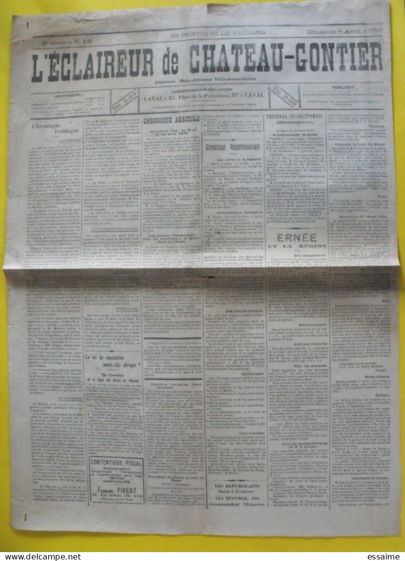 Journal L'éclaireur De Chateau-Gontier. Mayenne Laval. N° 14 Du 6 Avril 1930. Rare Journal Local - Altri & Non Classificati