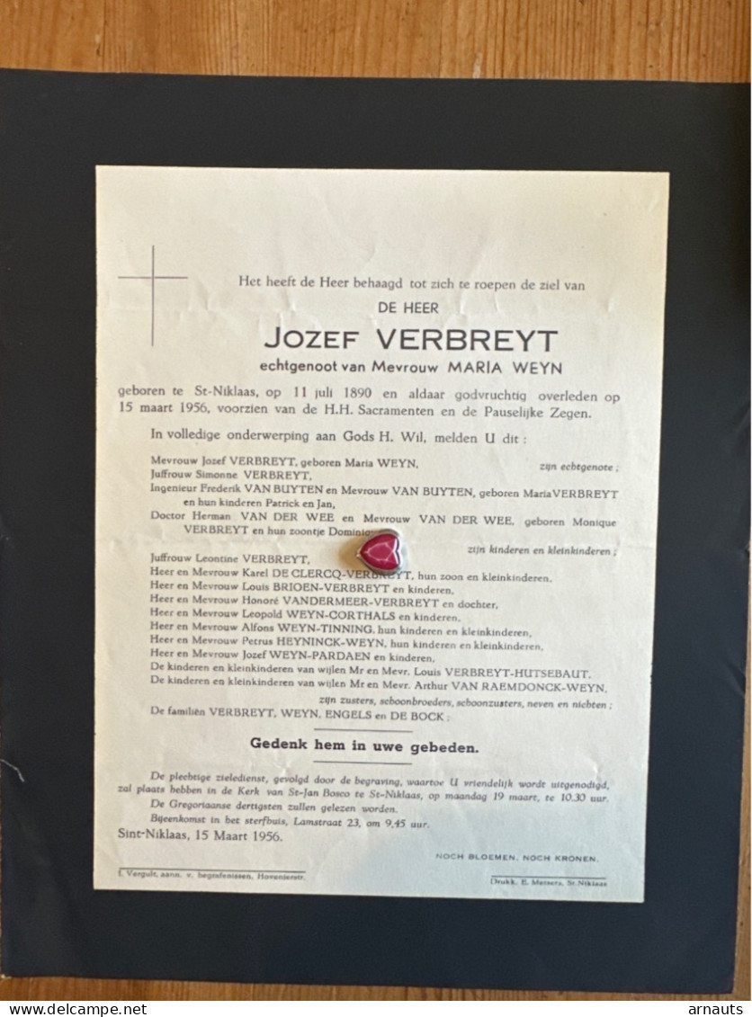 Jozef Verbreyt Echtg Weyn Maria *1890 St.-Niklaas +1956 Sint Niklaas Van Buyten Van Der Wee Brioen Hutsebaut Raemdonck - Obituary Notices