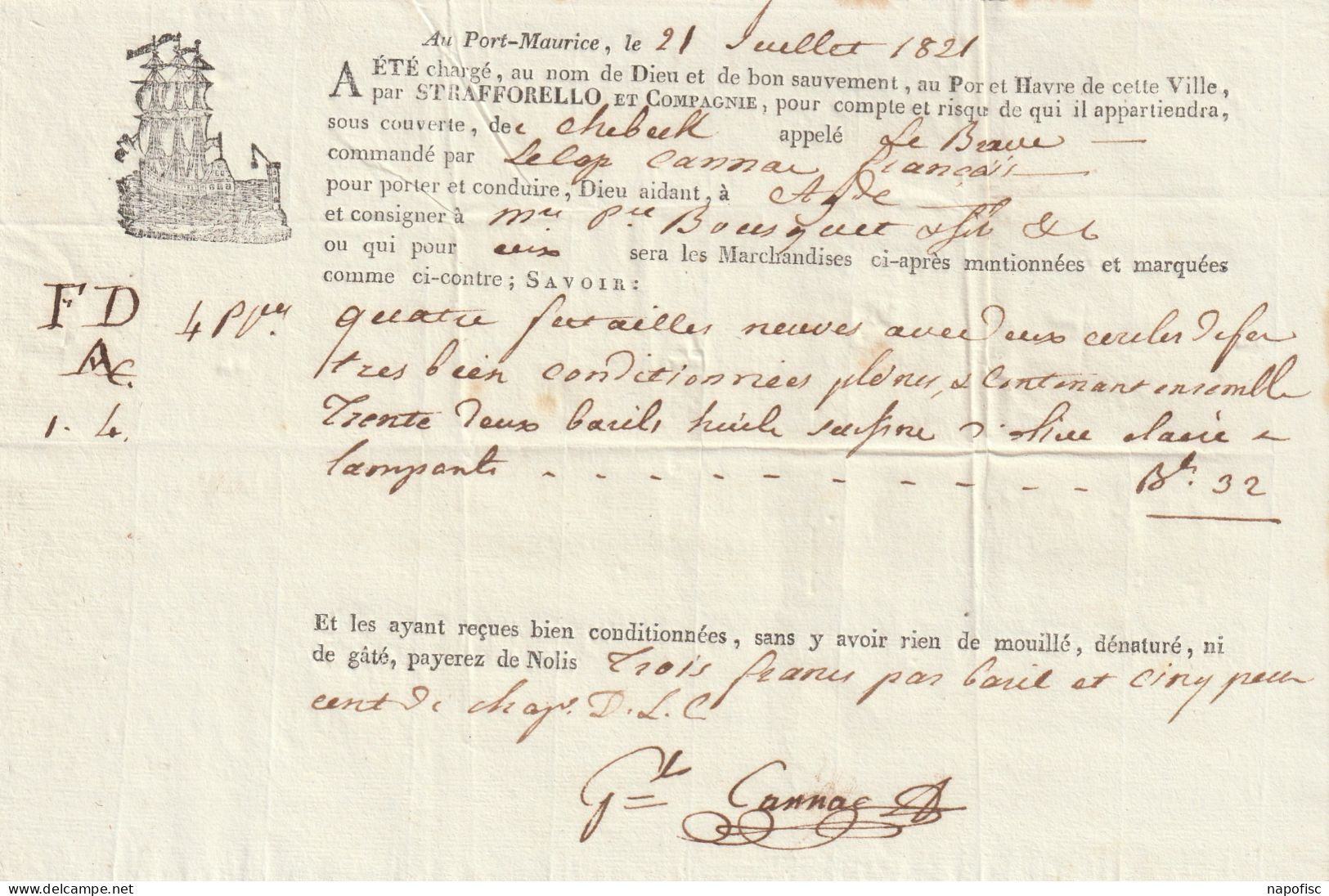 Connaissement Straforello .Navire Le Brave Capitaine Le Cannac  Port Maurice (Porto Maurizio > Imperia).....1821 - Transporte