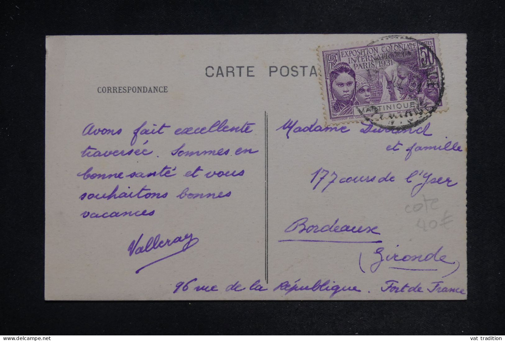 MARTINIQUE - Carte Postale De Fort De France Pour Bordeaux Avec Affranchissement De L'Exposition De 1931 - L 151922 - Covers & Documents