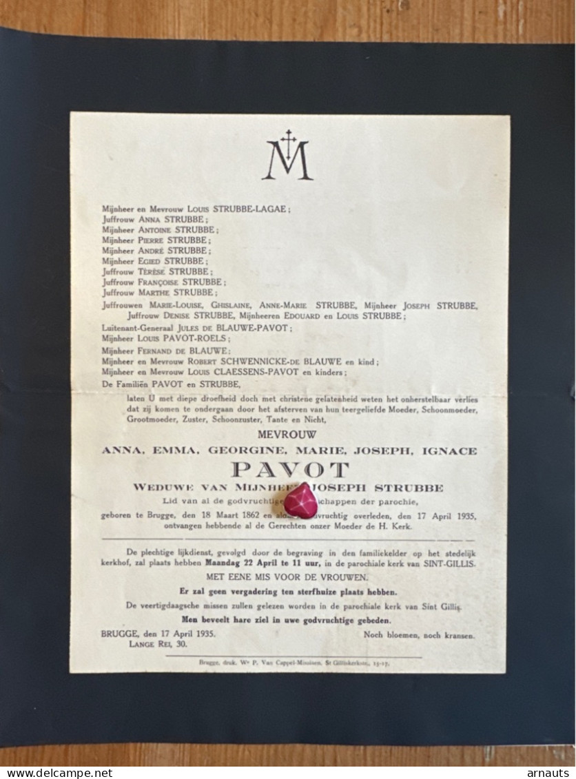 Mevr Anna Pavot Wed Strubbe Joseph *1862 Brugge +1935 Brugge Sint-Gillis Lagae De Blauwe Roels Schwennicke Claessens - Obituary Notices