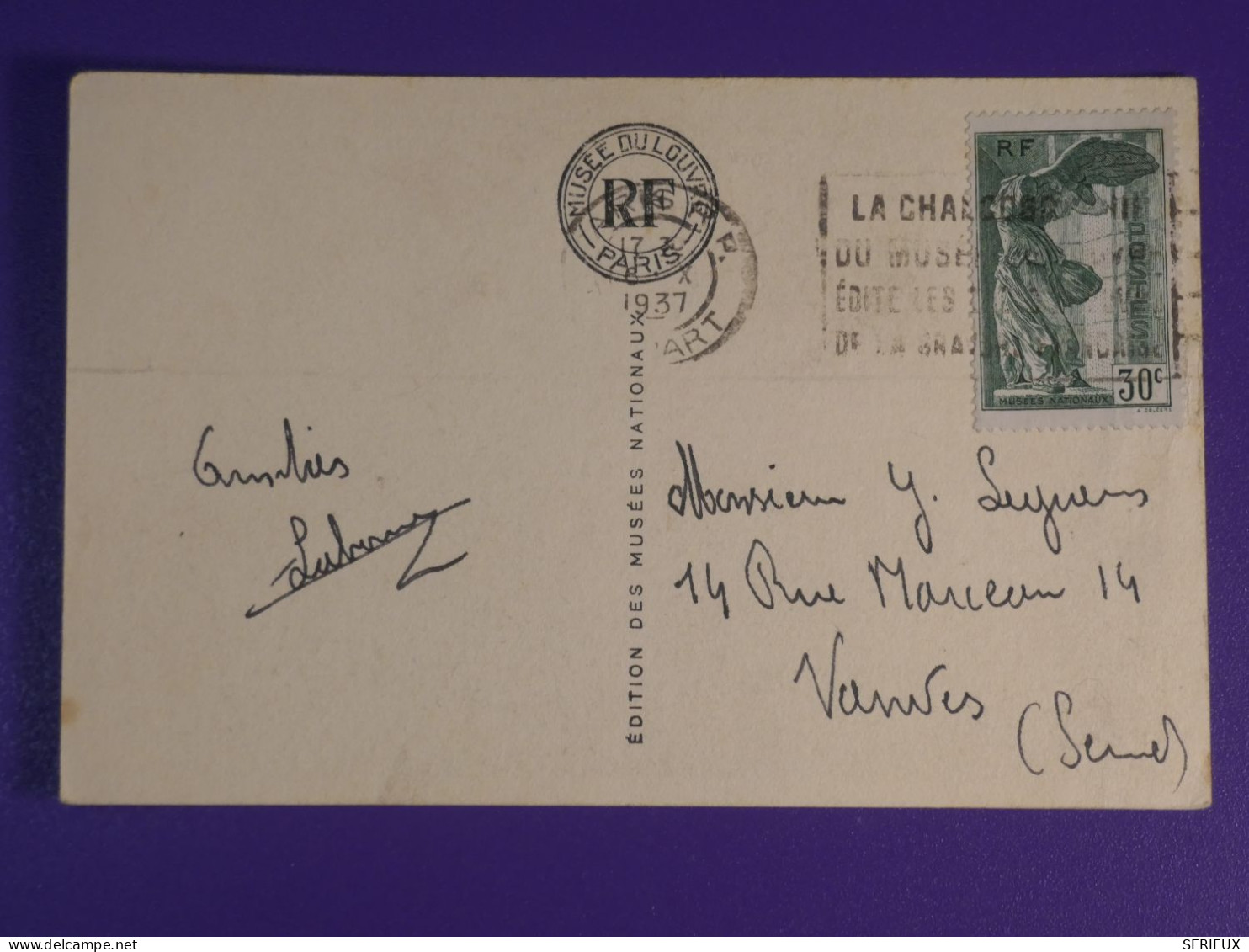 DN8 FRANCE  CARTE  1937  PARIS LOUVRE   A  VANVES   + DIANE   + AFF.  PAS COURANT ++ - Briefe U. Dokumente