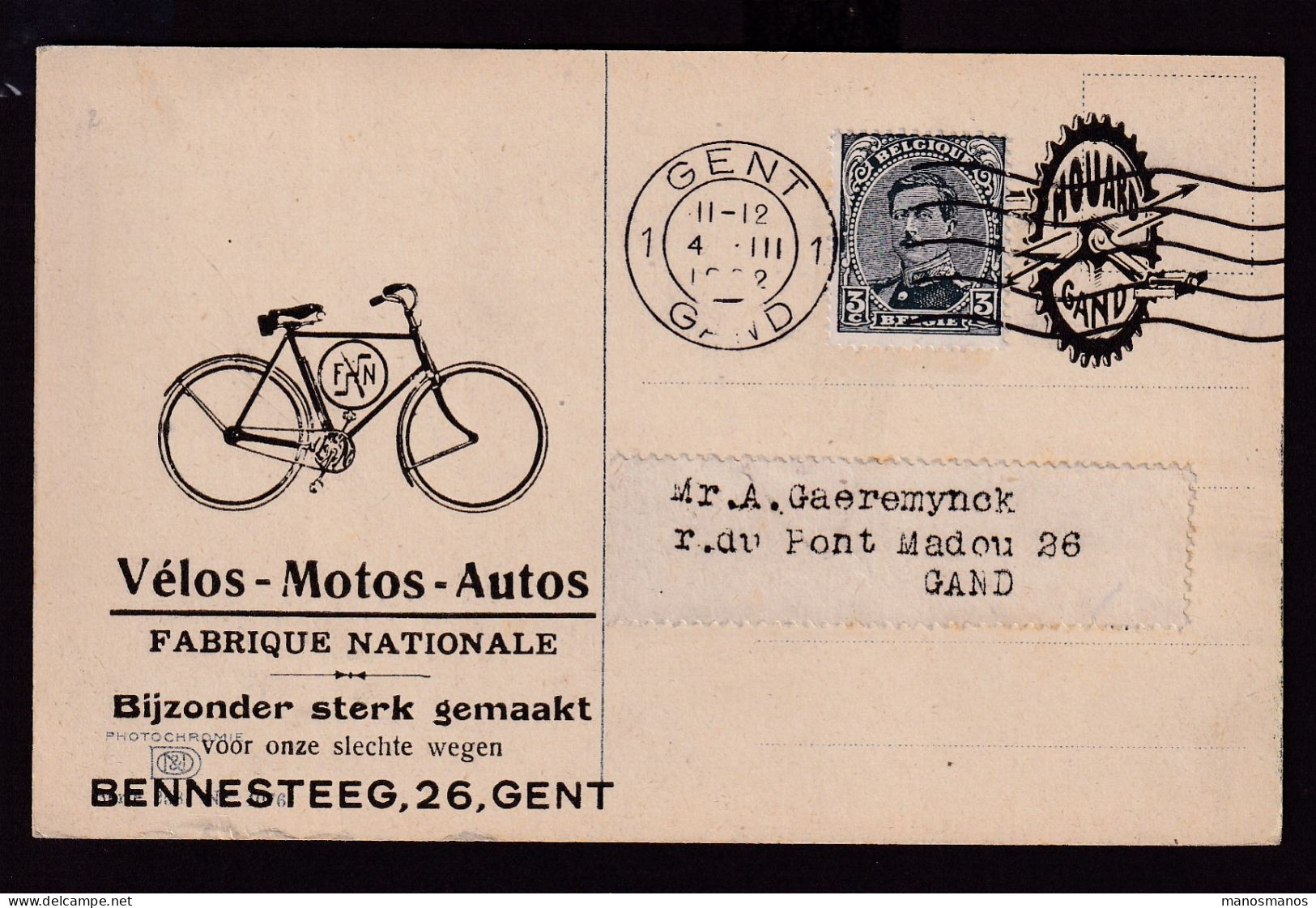 DDFF 982 -- BELGIQUE VELO - Carte Illustrée TP Albert GENT 1922 - Vélos-Motos-Autos F.N. Fabrique Nationale Chez Houard - Wielrennen