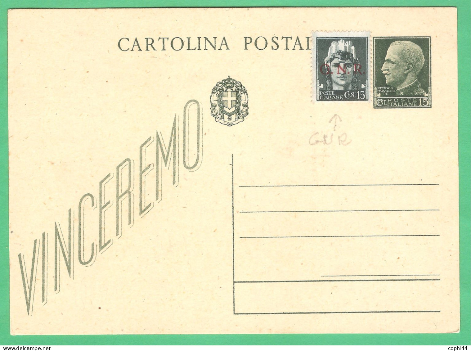 REGNO D'ITALIA 1942 CARTOLINA POSTALE VEIII VINCEREMO 15 C Verde (FILAGRANO C97) NUOVA CON FRANCOBOLLO G.N.R. 15 C. - Stamped Stationery